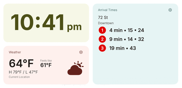 the hubbub dashboard showing clock, weather, and transit widgets